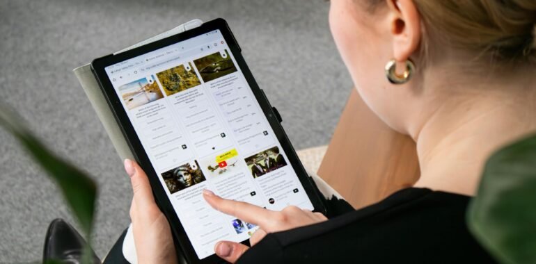 A picture showing a woman scrolling about social media marketing benefits